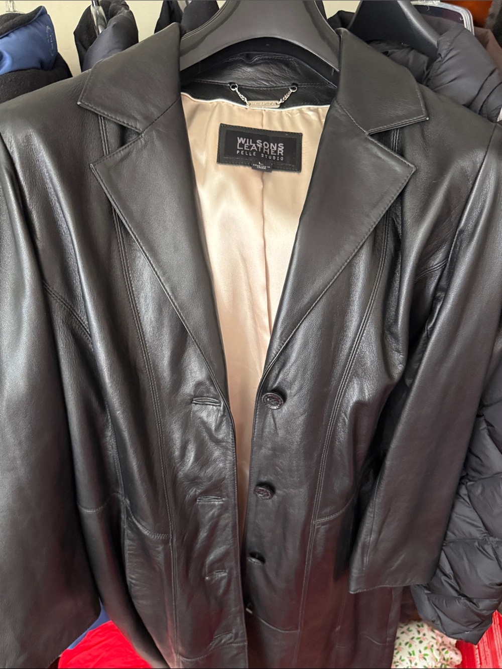 Wilsons Leather Black Leather Trench Coat with Cream Lining